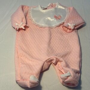 Vintage Terry Baby Girl Pink Quilted Romper‎ with Bib Butterfly Bows Small